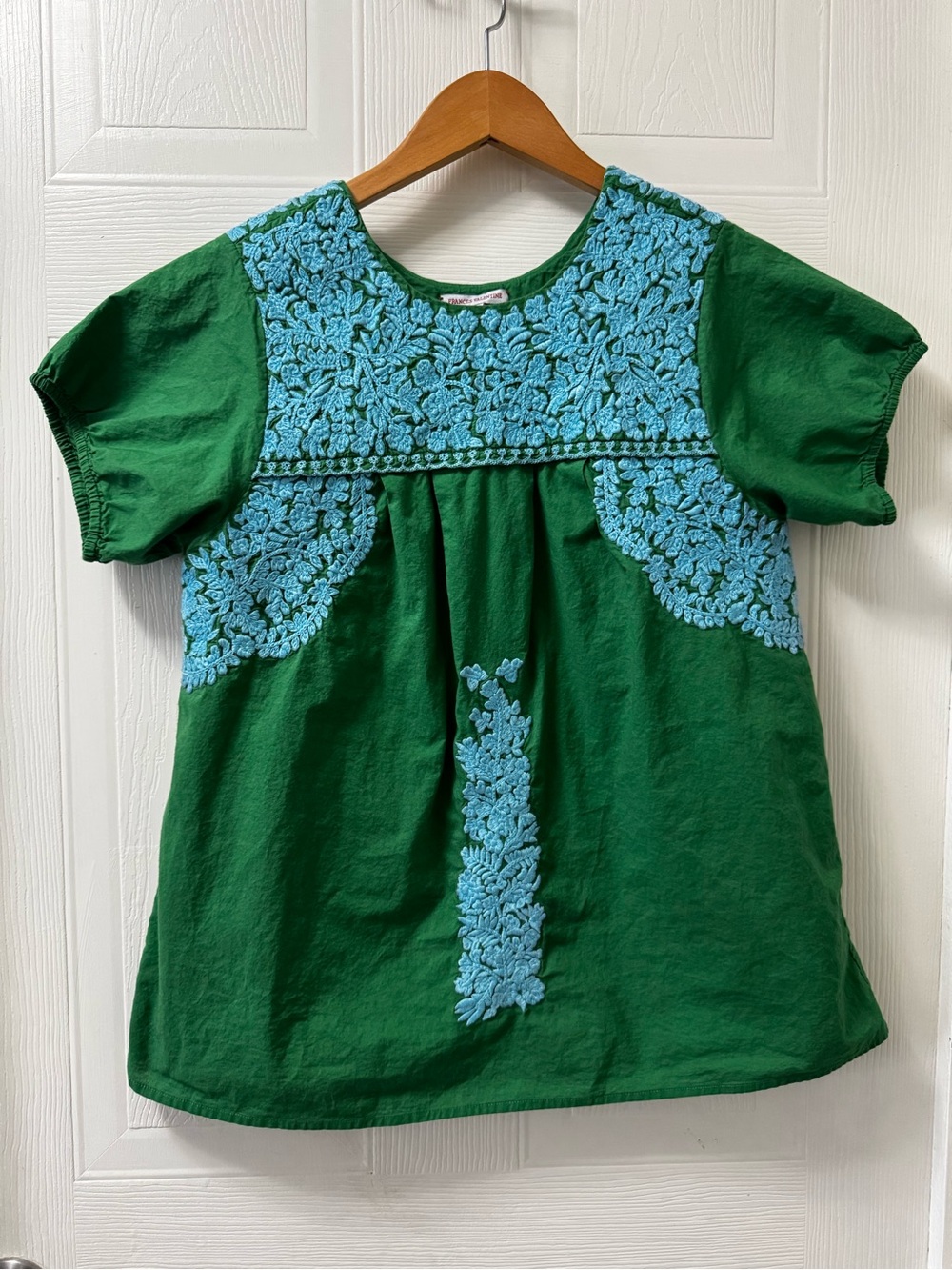Frances Valentine Green Tee with Blue Embroidered Yoke